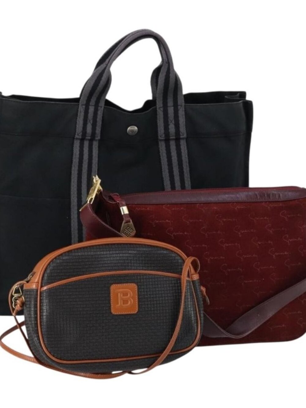 HERMES Givenchy Bally Bag Canvas Suede PVC 3 Set Beige Bordeaux Auth bs31062